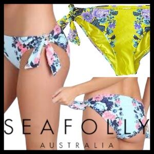 Seafolly Chartreuse/Purple Floral Bella Rose Loop Tie Side Hipster Bottom (L)